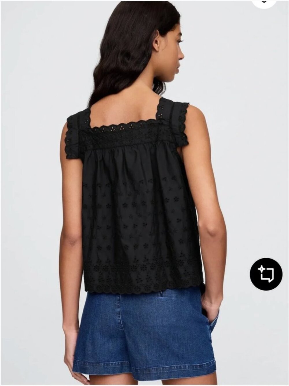 Black Eyelet Square-Neck Tank with Scalloped Straps - Picture 2 of 10
